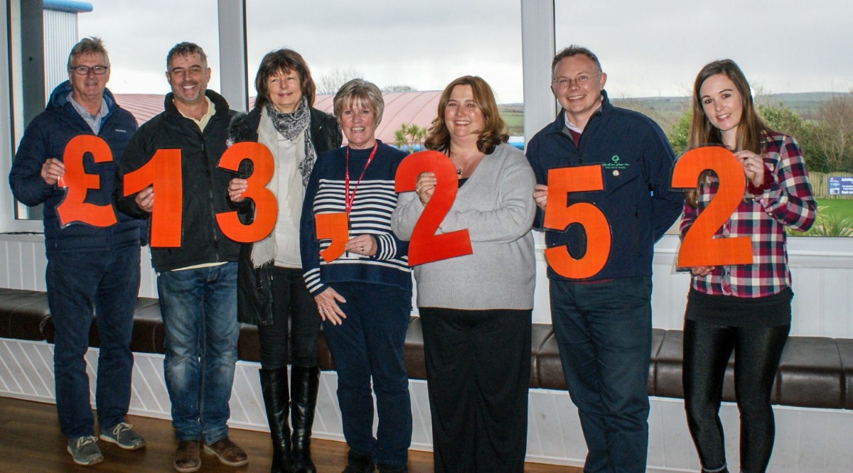 Fantastic figures: from left are Hendra directors Bob Hyatt, Robert May and Janine Hyatt; Cornwall Hospice Care fundraiser Judy Lawton; Hendra directors Rebecca May and Will Dexter, and Hendra staff member Emma Sandry