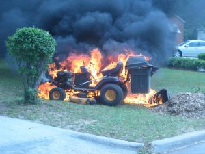 The Peterborough based family returned from a day out to find the neighbour's lawnmower on fire