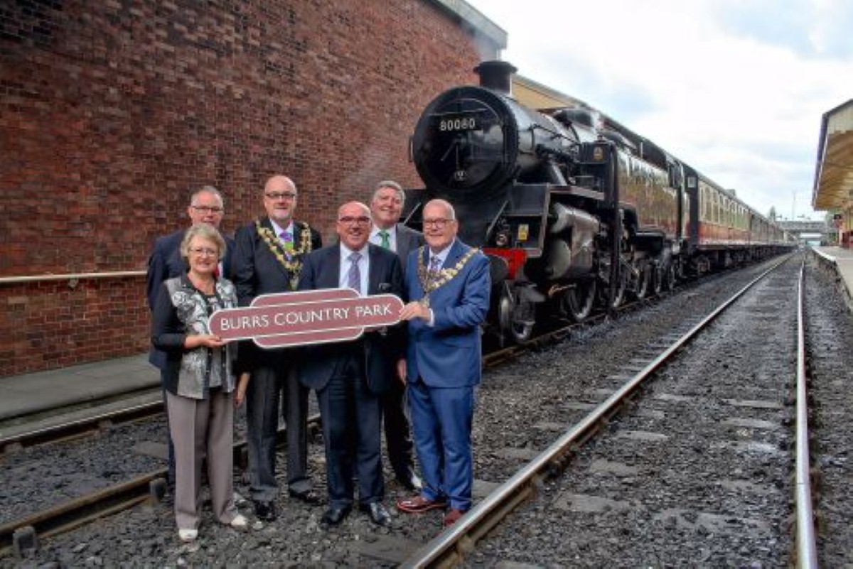 From left, Hilary Marshall, chairman of Friends of Burrs Country Park, Ian Spendlove, regional manager at the Caravan Club, Cllr Mike Connolly, mayor of Bury, Mike Kelly, chairman of the East Lancashire Railway,