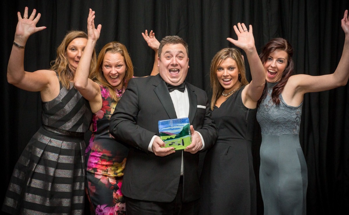 Drew Baker receives his award in the company of (from left) Beverley Holidays directors Nicola Furneaux, Claire Jeavons and Katy Lamsin plus marketing assistant Caroline Field