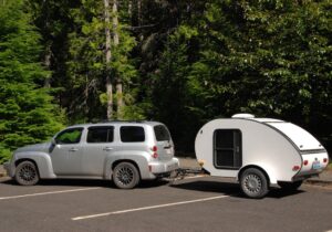 A towcar pulling a caravan