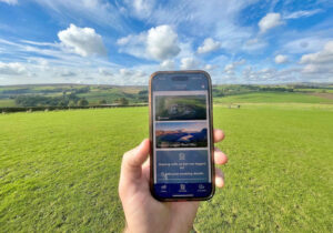 A hand holding a phone, which is displaying the app